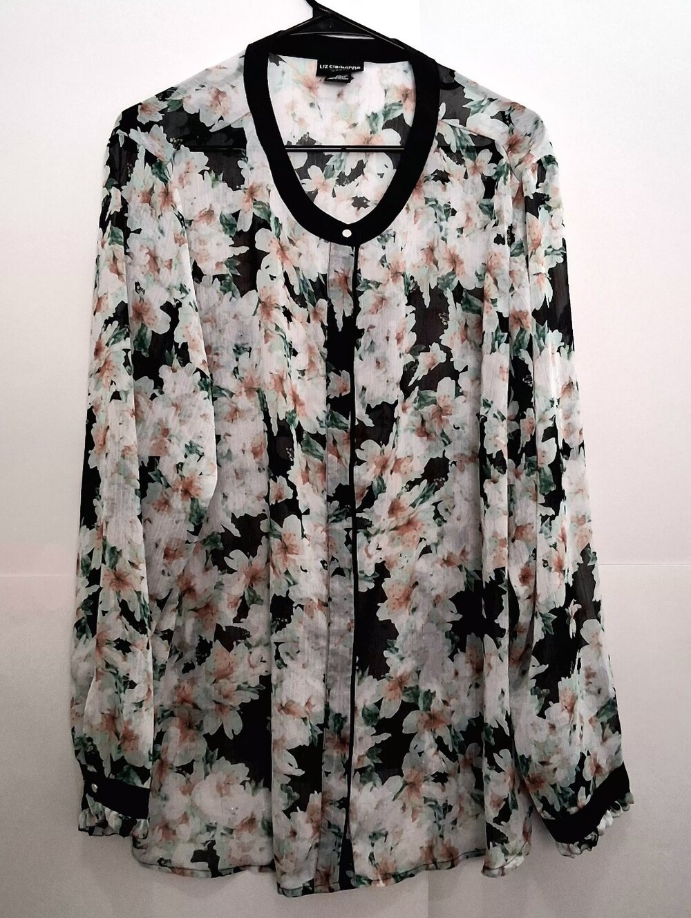 LIZ CLAIBORNE Black Floral Blouse with White & Blush Accents Size 3X